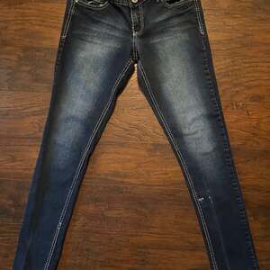 Maurices Dark Wash Mid Rise Skinny Jeans with Sequin Embellished Flap Pockets